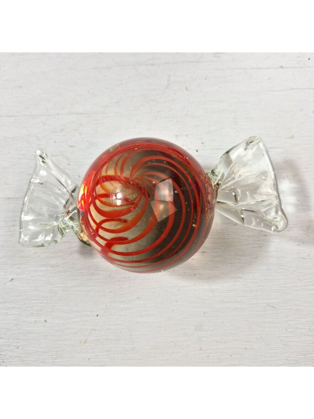 Vintage Blown Glass Candy Paperweight Red Swirl Art Glass Latticeine Style